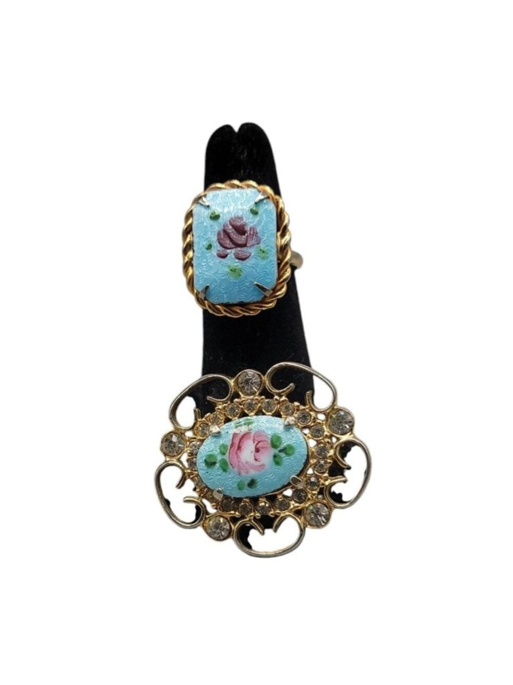 Guilloche Pink Rose Brooch & Adjustable Ring Handpainted Gold Tone